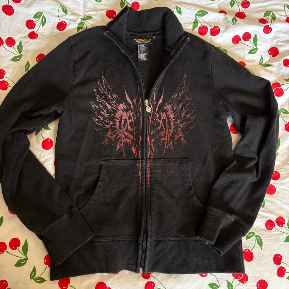 HARLEY DAVIDSON Black Zip-Up Hoodie with Heart Zipper